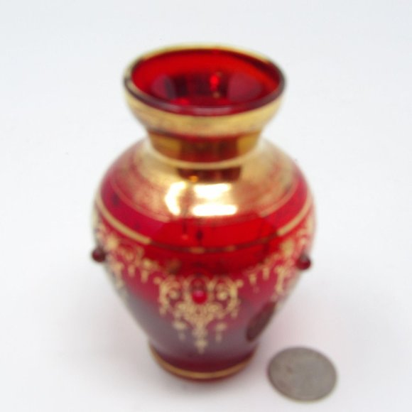 Vintage Hand Blown Red Glass Vase with Gold Design and Red Applied Glass Dots 4 - Picture 3 of 10